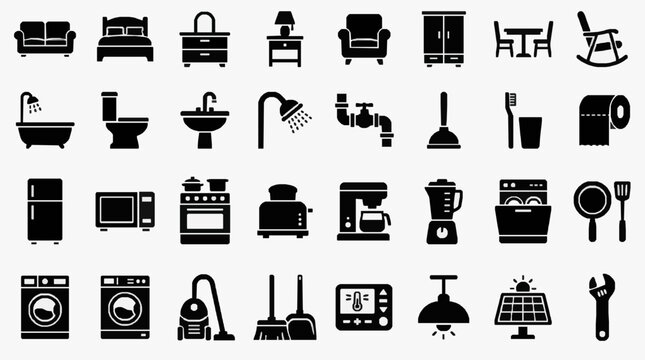 Comprehensive Set of Household and Kitchen Icons for Design Projects