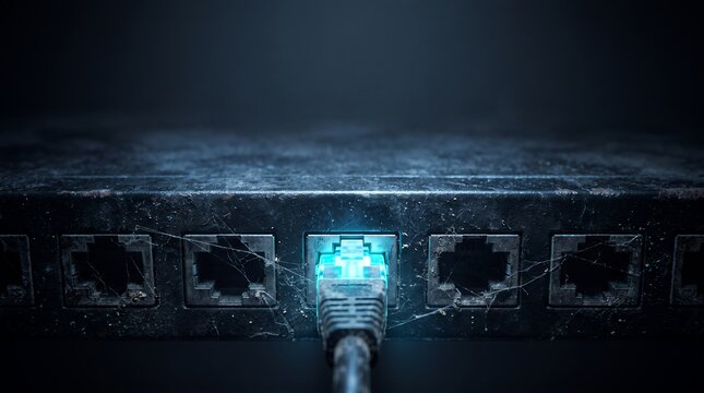 A blue Ethernet cable plugs into a port on a dusty, old network switch, symbolizing connectivity in a network.