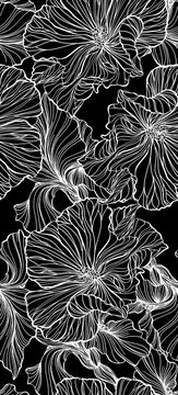 Black and white floral seamless pattern with elegant line art flowers on black background