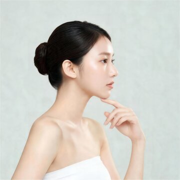 顎下に指を添えるシニヨンの女性、フェイスラインが見える横顔