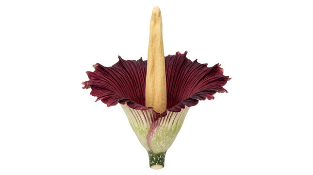 Exotic titan arum corpse flower, rare burgundy amorphophallus titanum blossom, tropical botanical specimen for scientific research isolated PNG with Transparent Background