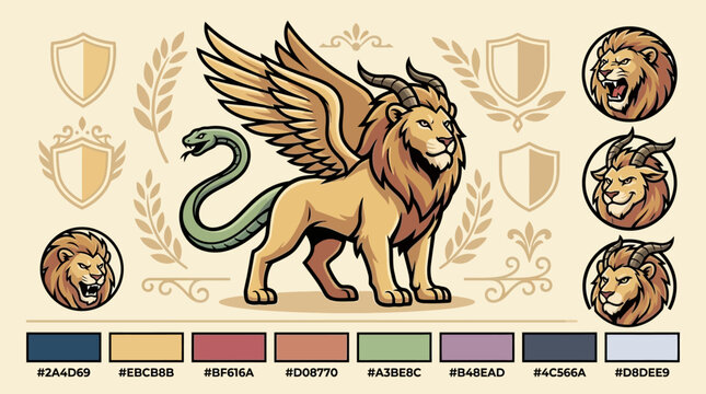 Mythical chimera winged lion creature branding and character board.