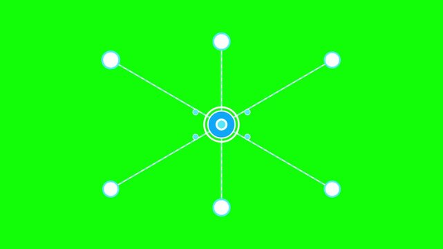 Abstract HUD element motion graphic with glowing circles and connecting lines isolated on a bright green background