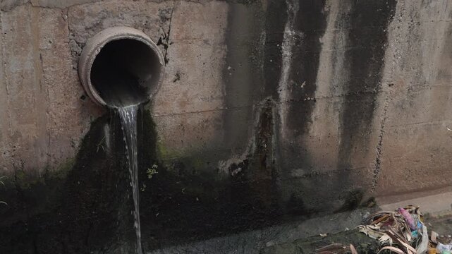 Water pours from a circular concrete drainpipe in a stained wall, with small plants and accumulated litter along the base in Ghana.