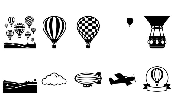 Hot Air Balloon Airship Blimp Propeller Plane Flying Landscape Vector Icon Set