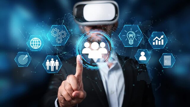Business Professional Engaging with Virtual Reality Technology Displaying Digital Icons of Innovation, Networking, and Data Visualization in a Modern Environment. Entropy.