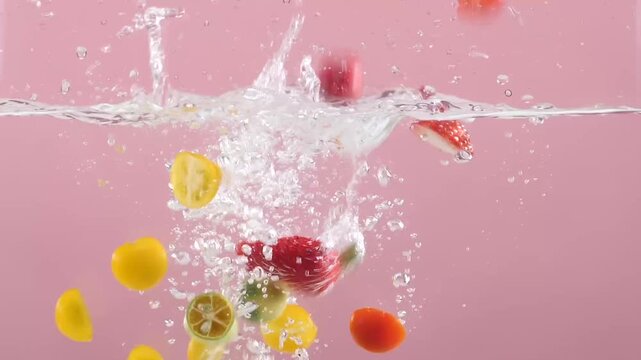 Fresh fruits plunging into water with splash and bubbles against pink background
