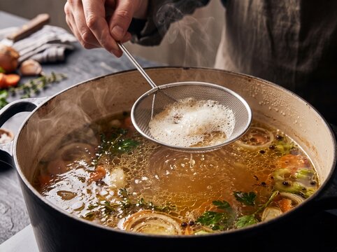 Skimming Delicate Foam from Simmering Artisanal Broth with Wire Mesh Ladle