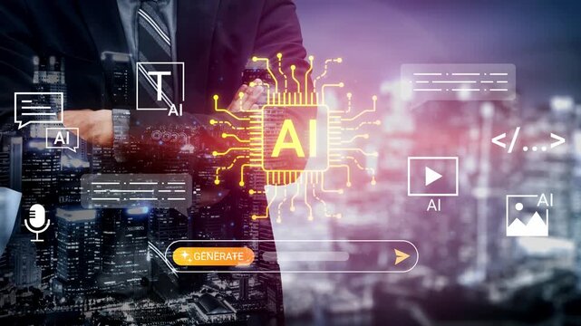 Businessman Standing Confidently with Futuristic AI Elements and Urban Cityscape in the Background, Showcasing Technology and Innovation Potential Gluon.