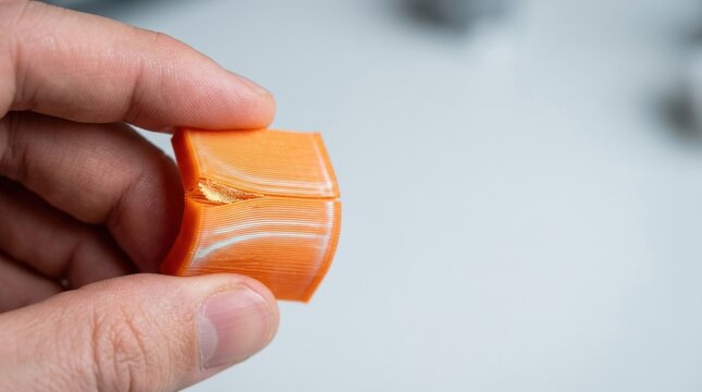 Hand flexing a small vivid-orange 3d-printed structural sample with layered polymer surfaces to visualize manufacturing quality in action