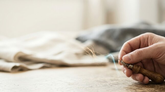 Person's hand holding a piece of wood to show future work adaptability with a traditional sewing needle holder and interchangeable needle