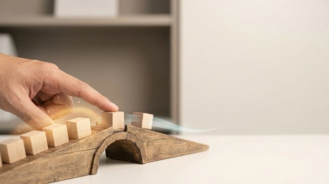 A person guiding a token across a realistic wooden bridge model to visualize supply-chain bottleneck in a simplified and engaging manner