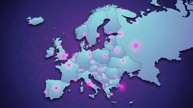Flat map of Europe with glowing location markers on dark background