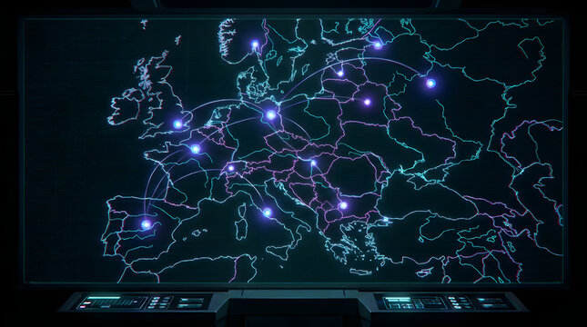 Holographic wireframe map of Europe with glowing data connections