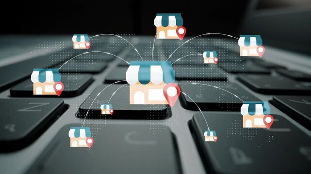 Digital concept of interconnected retail shops represented as icons on a keyboard, illustrating e-commerce and online shopping trends in modern retail Gluon.