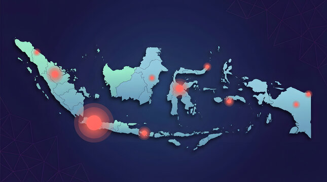 Minimalist Indonesia archipelago map with red glowing location pins