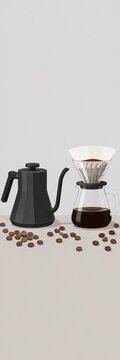 Modern black kettle and glass pour-over coffee maker with scattered coffee beans on neutral background