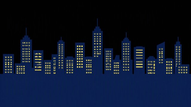 Illustration of a city skyline at night with lit windows in tall buildings against a black background