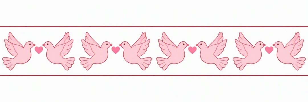 Row of pink cartoon doves facing each other with hearts between them on a white background