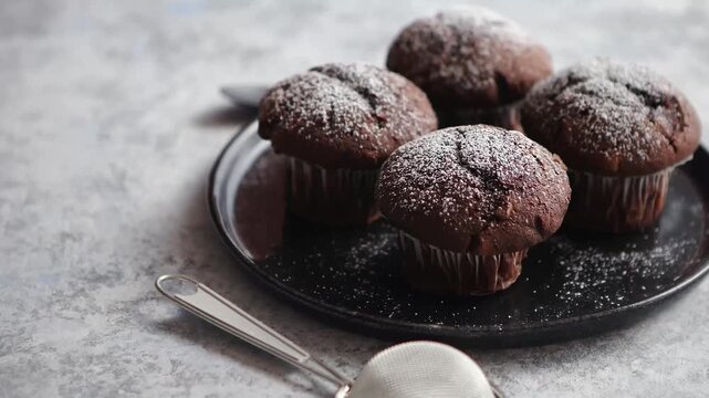 Chocolate muffins dusted with powdered sugar on a black plate with sifter and spoon