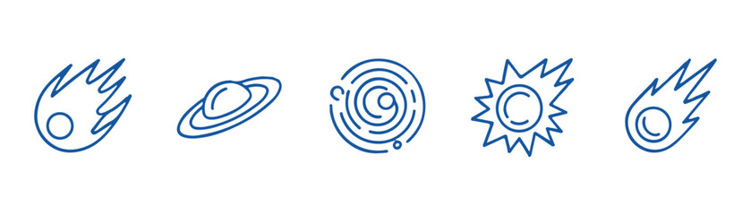 Astronomy linear icon set featuring comet planet galaxy sun and meteor elements blue line vector. © GOLAM