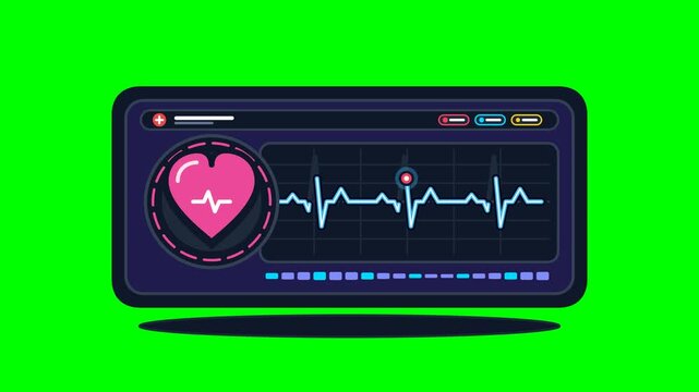 Clean 2D vector animation of a clinical medical heartbeat monitor console with a rhythmic pulsing heart badge, live cardiogram ECG/EKG waveform line, glowing tracer dot, and vital telemetry status bar