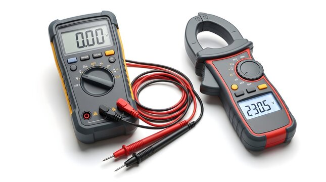 Digital Multimeter and Current Clamp Meter Testing Tools Isolated on White Background