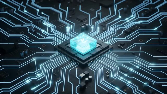 Futuristic AI Processor Chip Connected To A High Speed Digital Circuit Board Representing Artificial Intelligence Computing And Advanced Technology, 3d rendering 4k video resolution