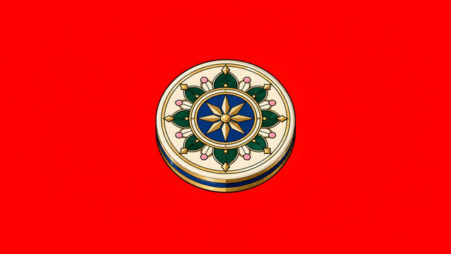 Ornate Carrom Striker with Floral Inlay on Vivid Red Background