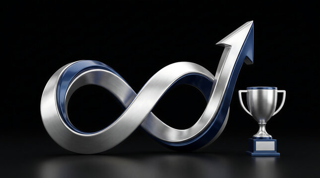 3D Infinity Growth Concept with Metallic Silver Loop Arrow and Trophy Cup for Business Success Achievement Expansion and Endless Technology on Black Background