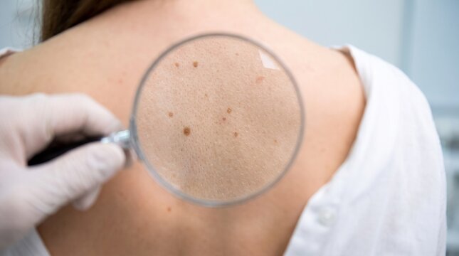 Dermatologist examines moles on a patient's back using a magnifying glass for skin cancer screening
