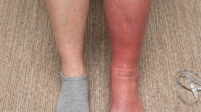 Comparison of Swollen Red Leg with Normal Leg and Measuring Tape Showing Edema and Inflammation