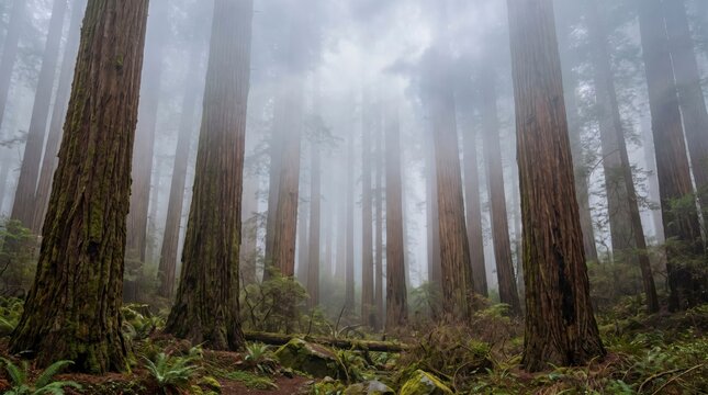 Tall redwood trees in a dense forest covered with thick morning fog with rocks covering woodland