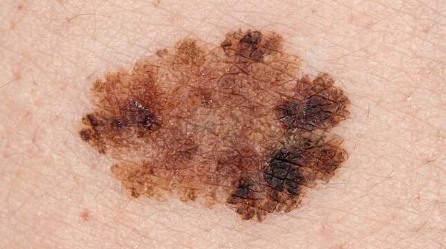 Close up macro view of a dysplastic nevus mole on human skin showing irregular borders and varied pigmentation
