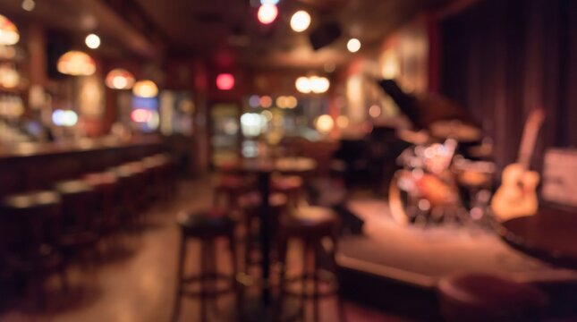 Softly lit and intentionally blurred interior of a vintage-style jazz bar, highlighting the empty stage setup and intimate atmosphere awaiting guests