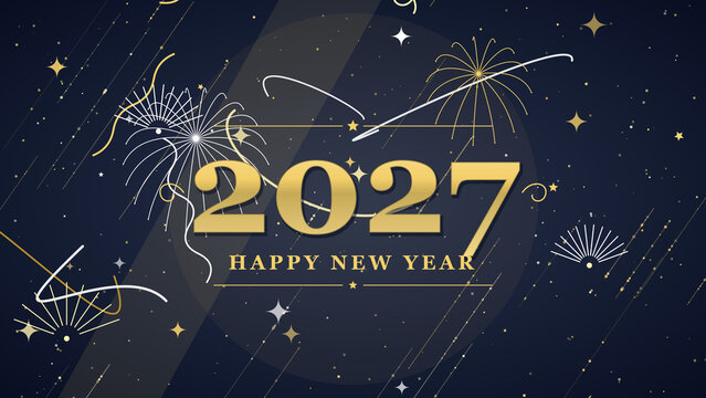 Happy New Year 2027 luxury celebration background with golden typography fireworks sparkling stars and elegant festive design