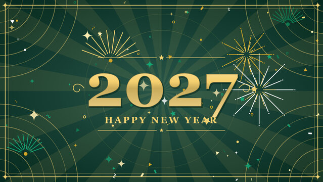 Happy New Year 2027 elegant celebration background with golden typography fireworks decorative frame and festive green design