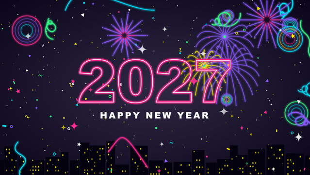 Neon Happy New Year 2027 celebration background with colorful fireworks glowing typography and city skyline party scene