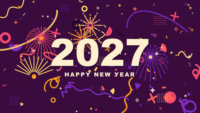 Happy New Year 2027 colorful celebration background with fireworks confetti streamers and vibrant festive party design