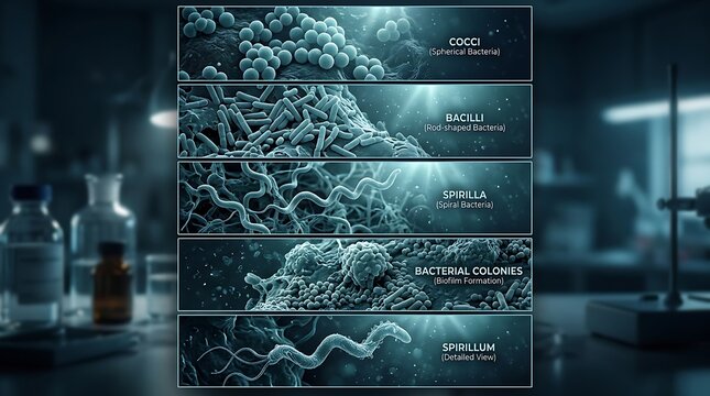 Scientific illustration of various bacterial shapes and colonies