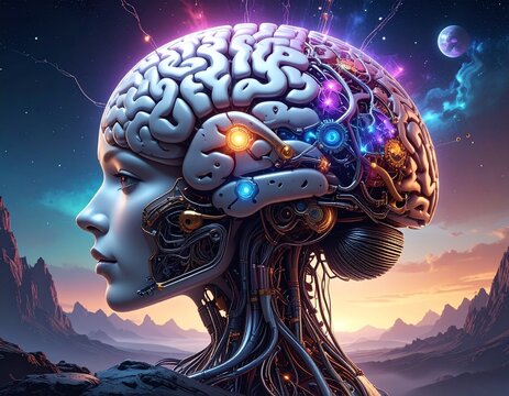 Advanced Artificial Intelligence Brain Concept with Humanoid Cyborg Face and Cybernetic Neural Network in a Cosmic Space Landscape