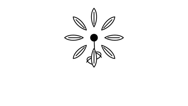 Minimalist black and white vector animation of a flower opening gradually from a closed bud into a full blossom. Symbolizes growth, renewal, nature, beauty, new beginnings, development, and the passag