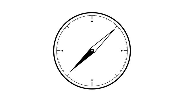 Minimalist black and white vector animation of a navigation compass with a rotating magnetic needle. Represents navigation, direction, exploration, travel, orientation, decision making, and finding th