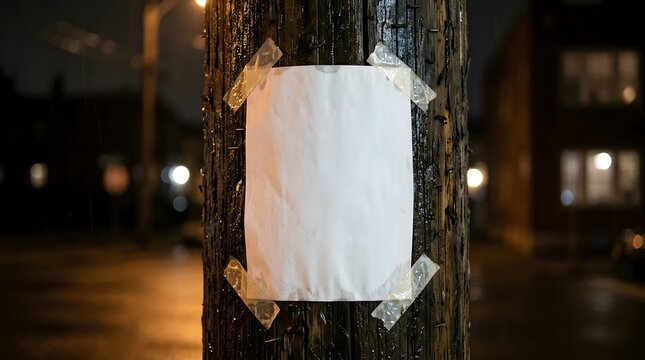 Blank white paper notice template taped to a weathered wooden utility pole at night on a dark urban street with bokeh city lights, perfect mockup for a missing person flyer or community message.