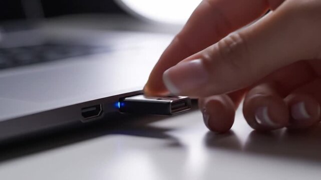Hand inserts USB connector into laptop port, then blue indicator glows as device seats firmly. Close macro detail shows careful connection on white desk with soft reflections and blurred lights.