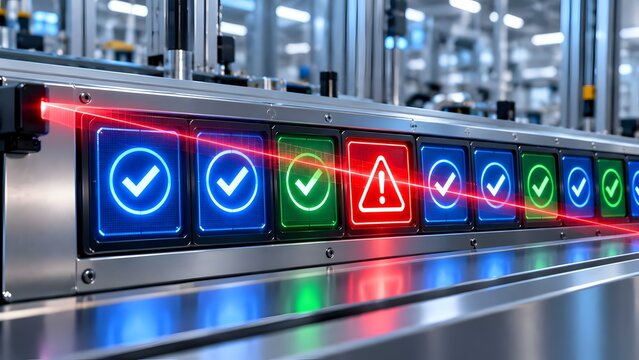 Automated quality control laser scanning products on conveyor belt detecting red error item among approved blue check marks in factory