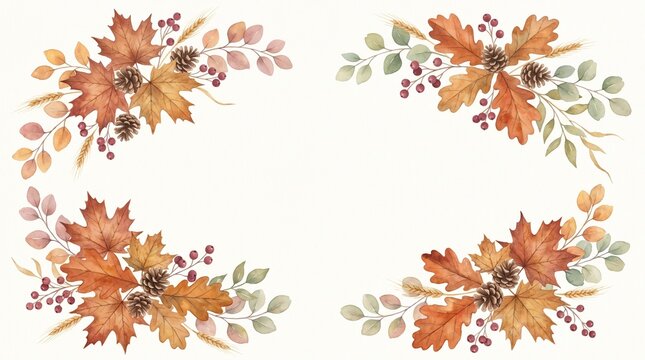 Watercolor Autumn Foliage Corner Frame with Dry Maple Leaves Pine Cones and Berries on White Background