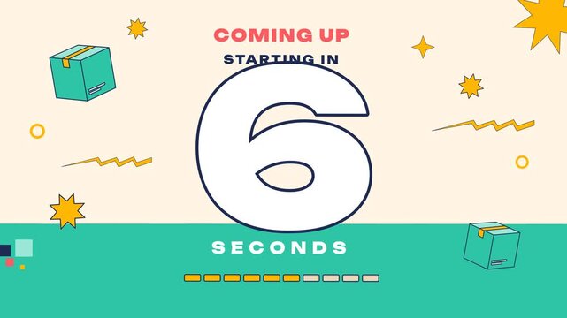 Ten second countdown animation with big numbers slamming in glitch effect and progress cells on light cream with mint red and yellow ending with here we go text and confetti