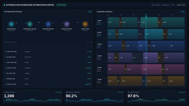 Ai production scheduling optimization dashboard for machine timeline, constraint solver pipeline, job queue, for smart factory automation 4k workflow planning