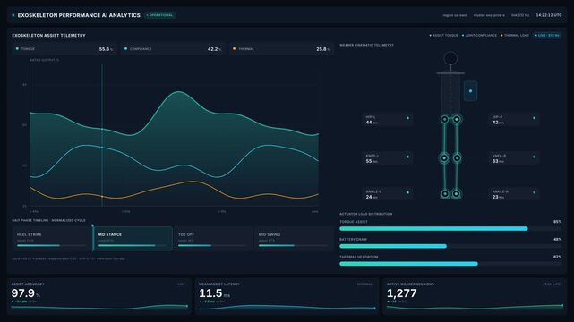 Exoskeleton performance ai analytics dashboard with real time torque gait phase telemetry, for 4k wearable robotics, biomechanics, smart health monitoring